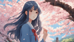 蓝色飘逸的长发的少女，穿着校服，仰望 背光 在樱花树下，画面细腻精致，高清，宫崎骏，新海诚，动漫插画风格