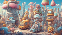 机械世界，萌宠，怪兽，开心，未来城市，冰淇淋