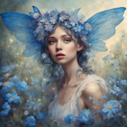 花丛中，超现实，梦幻，精灵少女，蓝色翅膀