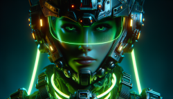 一位戴着高科技头盔的未来派女兵的特写镜头，被霓虹绿灯照亮