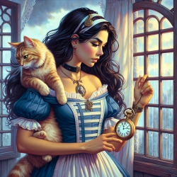 一个女人站在窗前，手里拿着一只猫，另一只手拿着一只猫，爱丽丝·普林 (Alice Prin)，宣传形象，故事书插图，魔术现实主义