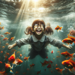 戴眼镜的小女孩，欢笑，在水底游泳，周围有很多金鱼，水波荡漾，阳光照射近水里