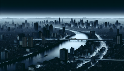 夜晚的城市天际线，一条河流穿过它，一座桥穿过它，一座桥穿过它，崔白，城市背景，一幅哑光画，新主义