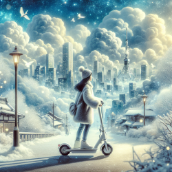The little girl riding an electric scooter/bike, in a beautiful anime scene by Hayao Miyazaki: a snowy Tokyo city with massive Miyazaki clouds floating in the blue sky, enchanting snowscapes of the city with bright sunlight, Miyazaki’s landscape imagery, Japanese art 