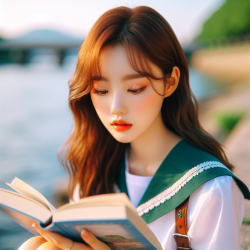 看书的美丽韩国女孩，面部细节，高清8K细节，细腻光泽，穿着绿白校服，背景河面。正对镜头。镜头贴近地面，全身照，色彩鲜艳，柔和的颜色，电影纹理，清晰的焦点，细节精致
