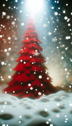 巨大的红色圣诞树，雪花飘落，神秘而美丽，细节而逼真，渲染激烈