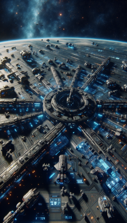 Aerial view, photography, we are in the vast universe, overlooking a hugespace base, with various spacecraft and spacecraft docked around thebase. Cyberpunk, futuristic science fiction, maintenance and loadingmissions, high detail, high quality,8K HD