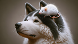 一只白色的丝毛鼠蹲在一只秋田犬头上，照片风格