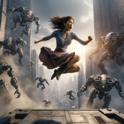 穿着裙子的亚洲女人，高空中跳跃，抛在空中，表情非常惊恐，机器人战斗场景，巨大的机器人，城市中央互相对抗，四周建筑物因战斗而受损，科幻，动作电影场景