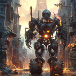 A huge robot, glowing mecha, damaged, broken arms, scars, damaged streets, collapsed buildings, abandoned soil style, rich details, future city streets, movie lighting, dramatic scenes, high-quality paintings, intricate, ultra detailed, rule of three, professional lighting, fantasy, Pacific Rim, concept art, sharp focus