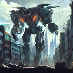 A huge robot, glowing mecha, damaged, broken arms, scars, damaged streets, collapsed buildings, abandoned soil style, rich details, future city streets, movie lighting, dramatic scenes, Pacific Rim