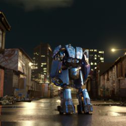 A huge robot, glowing mecha, damaged, broken arms, scars, damaged streets, collapsed buildings, abandoned soil style, rich details, future city streets, movie lighting, dramatic scenes, Pacific Rim