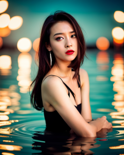 中国，1girl，连裤袜，非常潮湿的身体，瘦骨嶙峋的身材，浓妆，清晰的焦点，柔和的灯光，耳环，凌乱的长发，扼流圈，在游泳池里