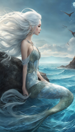 A mermaid,leaning against the sea,white hair,realistic style with fantasy elements,real characters have fish tails,high-definition,realistic Baby blue and light black,charming realistic characters,shiny skin,Surrealism,detailed clothing,<lora:蓝色美人鱼_v1.0:0.6>,<lora:DetailTweakerLora_add_detail:0.6>