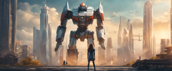 a woman standing next to a giant robot in a futuristic setting with a city in the background and a giant robot in the foreground.