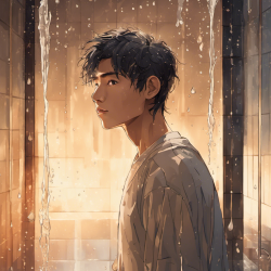 (soft lighting), (highly detailed), (perfect skin), (warm colors), (cinematic framing), (Modern bathroom interior), (Marble tiles), (Steamed windows), (Water droplets:1.2), (Cascading down toned body), 1boy, Asian, (Looking to the side), (Confident smile), [Wet spiky hair], [Showering], (Slight blush:1.1), (Dreamy glow on skin)