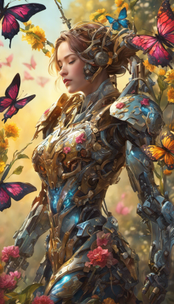 (masterpiece, best quality), (1mechanical girl), (closing eyes), mechanical arms, upper body, ultra detailed, highly detailed, cinematic lighting, intricate details, colorful butterflies, (flowers growing on the mechanical body), (vines connecting to body), (detailed damaged cape), mecha, robot, detailed shiny armor, (warm light), (specular light:1.2), (flower field background:1.4), (glowing runes), <lora:glitchR01:0.7>.