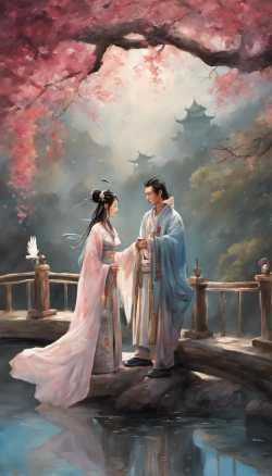 古装一男一女两人在鹊桥相遇，这是一个美丽爱情传说，象征爱情节日，最具浪漫色彩的“中国情人节”。很多喜鹊前来庆祝。