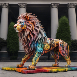 机械狮子身上喷涂着各种颜色，醒目而有力。机械感，装饰性，形式主义，正前方拍摄。