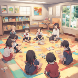 在幼儿园教室里，老师和4个小朋友一起坐在地上玩游戏，讲故事