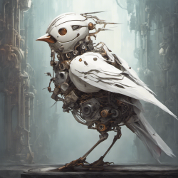 一只头向后看的白色麻雀，全身都由机械组成，科技感十足