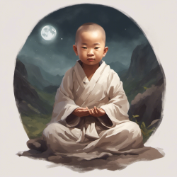 一个3岁亚洲小和尚，穿着僧袍在野外打坐，微笑的面部表情特征，肖像画，简约风格