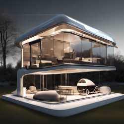 the small modern glass house that can be built and moved easily up a ramp, in the style of retro futurism, dark white and light bronze, rollerwave, konica auto s3, luxurious opulence, elaborate spacecrafts, spatial concept --ar 9:5