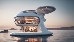 the mobile house was built in a white tower, in the style of futuristic glam, 32k uhd, dieselpunk, kodak vision3, flowing lines, simplified structures, detailed marine views