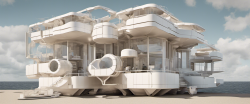 3d view of a futuristic house by benjamin reindel, in the style of modular constructivism, detailed marine views, 32k uhd, restored and repurposed, white and beige, futuristic victorian, mobile sculptures
