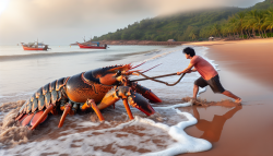中国渔民拉着比人还大三倍的巨型龙虾在沙滩上艰难的行走。