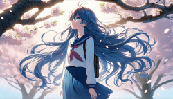 蓝色飘逸的长发的少女，穿着校服，仰望 背光 在樱花树下，画面细腻精致，高清，宫崎骏，新海诚，动漫插画风格