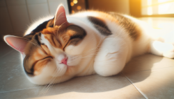 可爱，胖胖的黄白相间的猫懒散的晒太阳