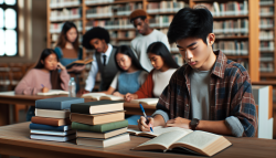 二十多岁的学生在图书馆里写字，桌面上堆着高高的书，背景有很多类似的学生也在学习。