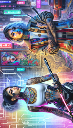 A beautiful girl with a samurai cyberpunk laser sword and tattoos, in the style of i can’t believe how beautiful this is, Maxim, very tempting flirty, hyperreal, largebust chest, painting by Ross Tran and Todd McFarlane