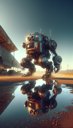 Slimecore robot, metal punk in the rural desert, rust and glossy paint patina, reflections, neutral density filter, high speed sync, creative lighting