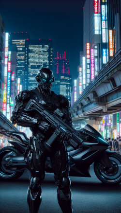 futuristic armored black robot cyborg cyber armor with futuristic assault rifle, posing in front of futuristic black bike on Tokyo, night scene