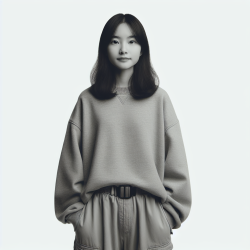 Full-body shot ofa Chinese female modelwearing a comfortable sweatshirt,standing in front ofa white backdrop.portrait photo.Shot from a low angleusing Canon EOS R5 camerawith a standard lens tocapture the model’s entire outfitand showcase her height of 165cm