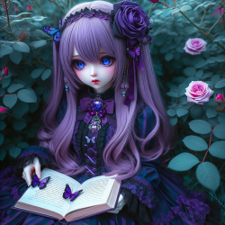 紫色长发的女孩，有着一双蓝色水汪汪的眼睛，头上戴着深紫色精美发饰，穿着一身哥特风格带着蝴蝶结的连衣裙，躺在一片玫瑰花丛上，拿着一本书