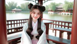 美丽的少女，一张圆圆的鹅蛋脸，白皙的皮肤，一头汉式长发，穿着一身汉服笑嘻嘻地在湖边凉亭里坐着