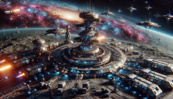 Aerial view, photography, we are in the vast universe, overlooking a hugespace base, with various spacecraft and spacecraft docked around thebase. Cyberpunk, futuristic science fiction, maintenance and loadingmissions, high detail, high quality,8K HD