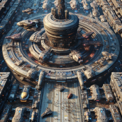 Aerial view, photography, we are in the vast universe, overlooking a hugespace base, with various spacecraft and spacecraft docked around thebase. Cyberpunk, futuristic science fiction, maintenance and loadingmissions, high detail, high quality,8K HD