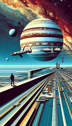 Space station sailing near Jupiter, flat illustration, geometric composition,concept illustration, abstraction, flat illustration, sense of line, BobEggleton style, overhead shot, detailed textures, minimalism, futurism,surrealism, best quality, 16K, award winning, UHD 