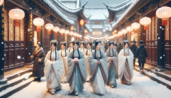 一群宋朝美女穿着宋代服飾，在宋朝古街，花燈節逛夜市，下着小雪，