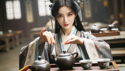 宋朝美女像刘亦菲感觉的美女穿着宋代服飾在一個茶攤，做點茶，女性美麗的手，演示點茶茶藝，茶具仰視鏡頭，美女認真泡茶，拉近景看清茶具，人物不用太大